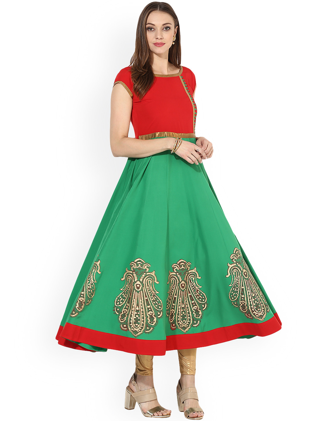 MBE Women Green & Red Solid A-Line Kurta