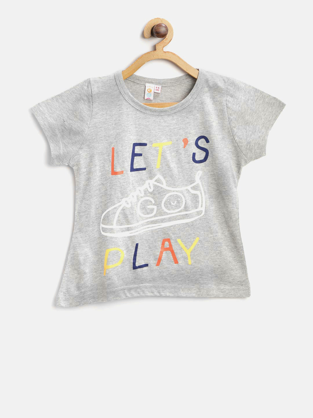Kids On Board Girls Grey Melange Printed Round Neck T-shirt