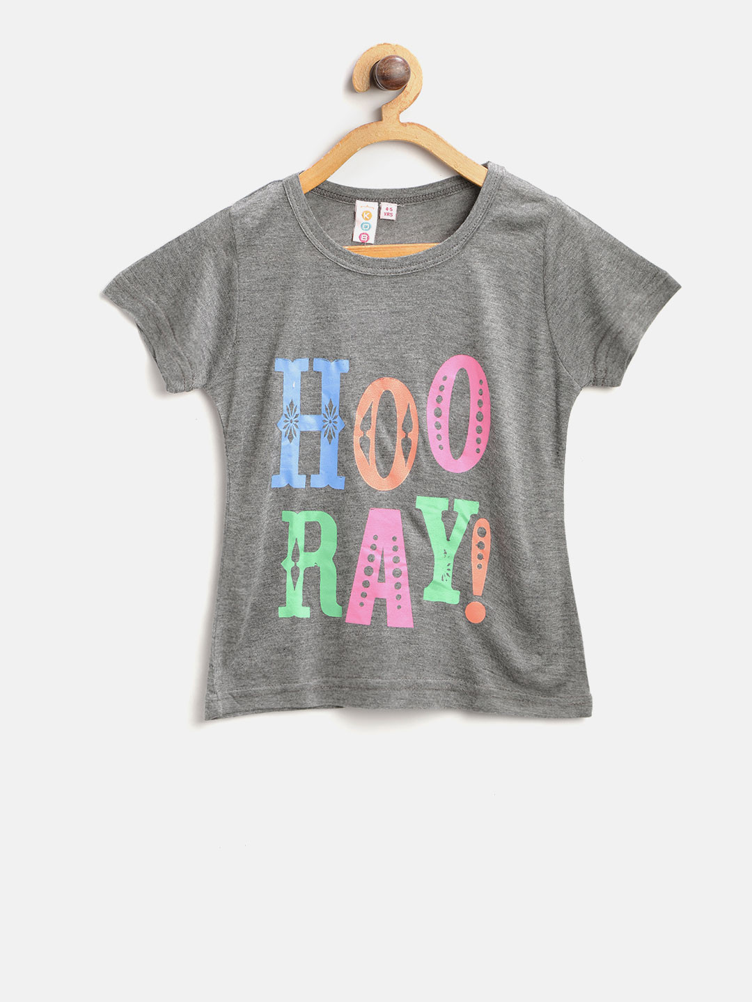 Kids On Board Girls Grey Melange Printed Round Neck Pure Cotton T-shirt