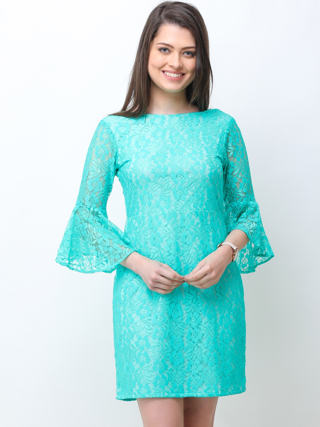 Cation Women Sea Green Self Design Sheath Dress