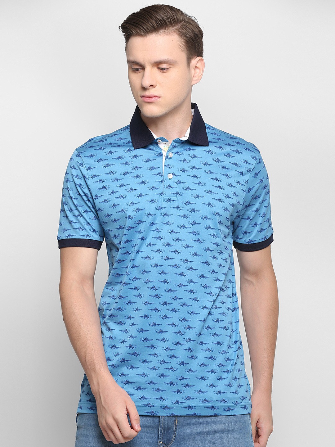 SIMON CARTER LONDON Men Blue Printed Polo Collar Pure Cotton T-shirt