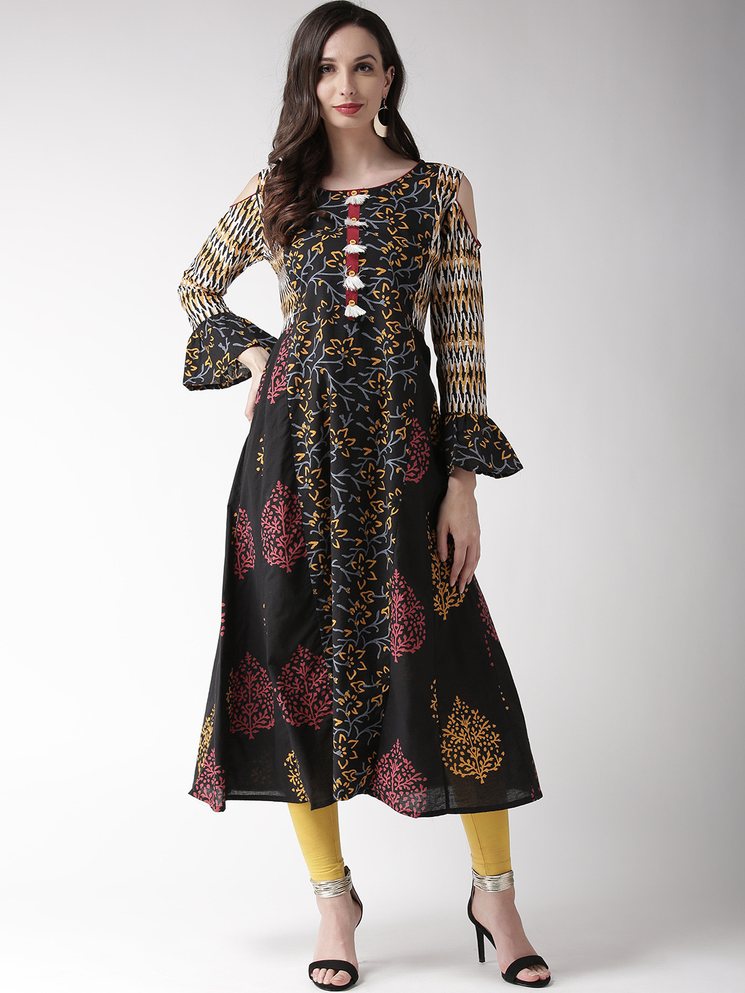 RANGMAYEE Women Black & Yellow Screen Print A-Line Kurta