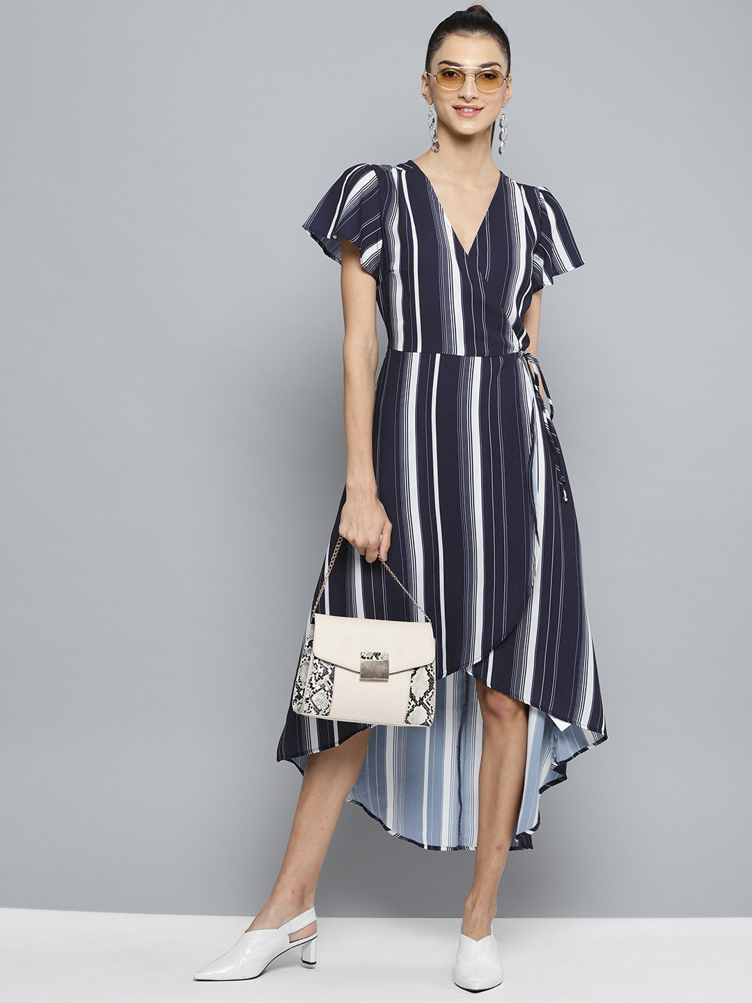 navy and white wrap dress