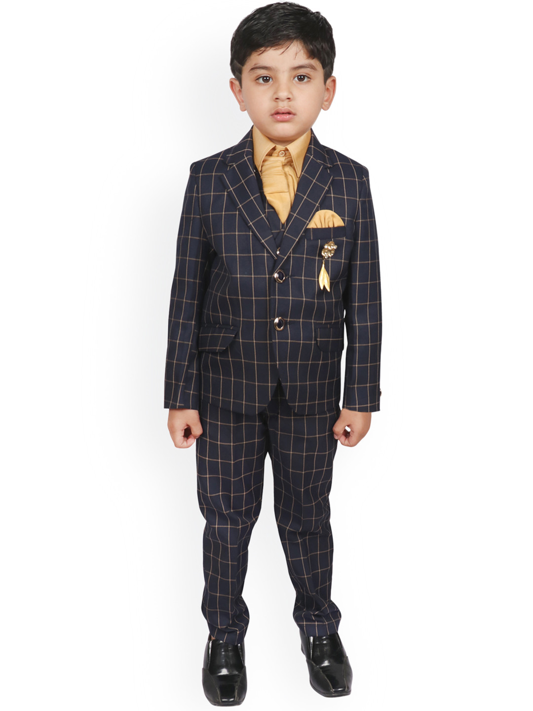 SG YUVRAJ Boys Navy Blue & Gold-Toned Checked Single-Breasted Suit