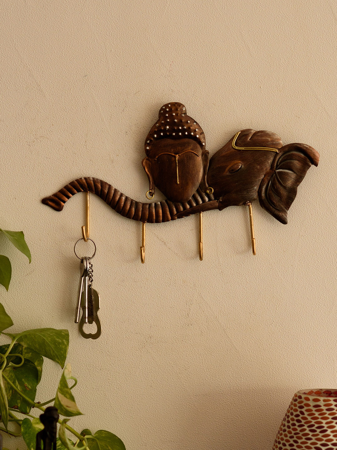 eCraftIndia Buddha Head on Elephant Trunk Metal Matte Spiritual Wall Decor-8In