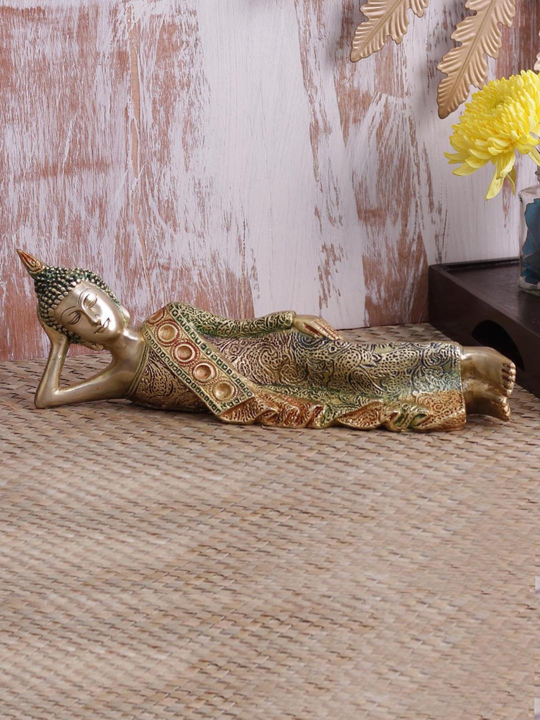 eCraftIndia Thai Reclining Buddha Brown Brass Metallic Prayer Room Small Showpiece - 4.5 Inches