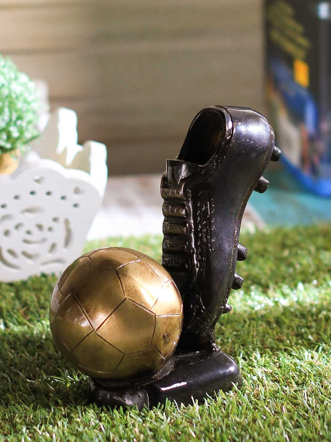 eCraftIndia Soccer Ball and Shoe Gold Brass Metallic Home Office Small Showpiece - 4 Inches