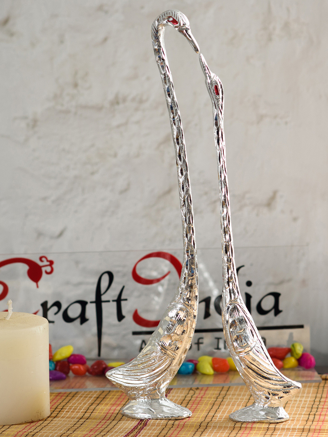 eCraftIndia Cute Love Birds Silver Metal Metallic Living Room Set of 2 Medium Showpieces - 13 Inches