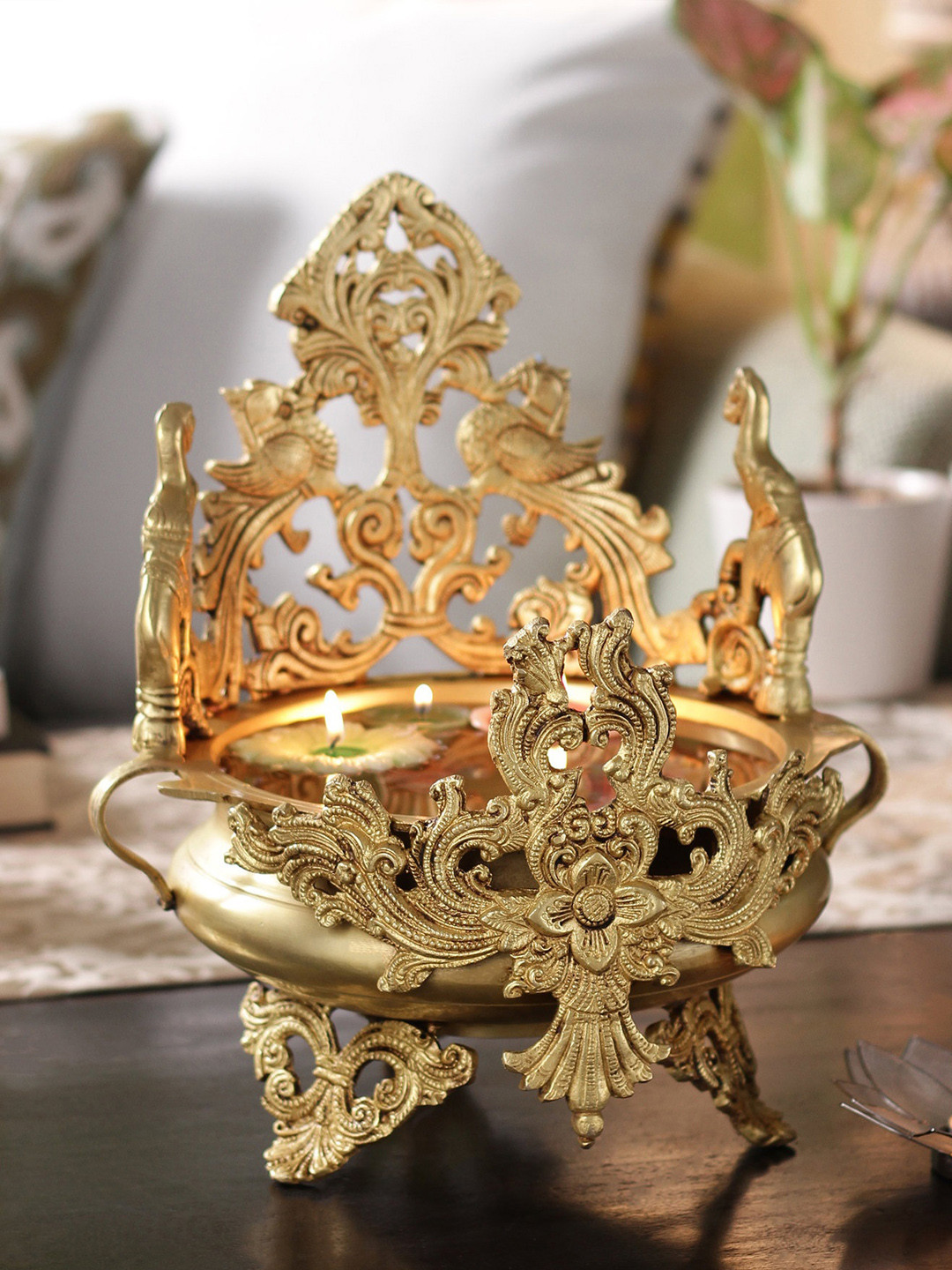 eCraftIndia Peocock and Elephant Carved Urli Brown Brass Natural Living Room Medium Showpiece - 13 Inches