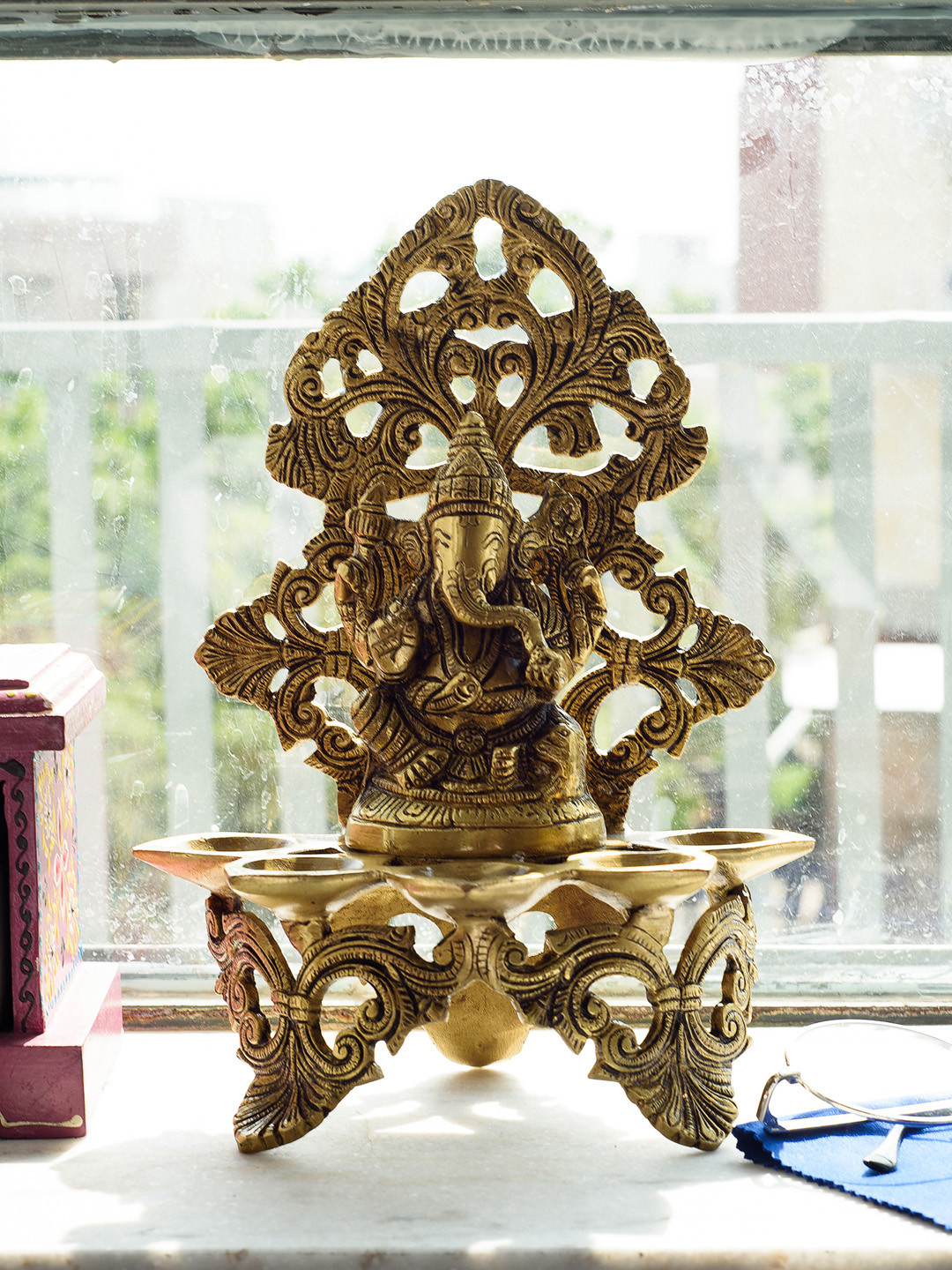 eCraftIndia Panchdeep Ganesha Brown Brass Metallic Prayer Room Medium Showpiece - 10.5 Inches