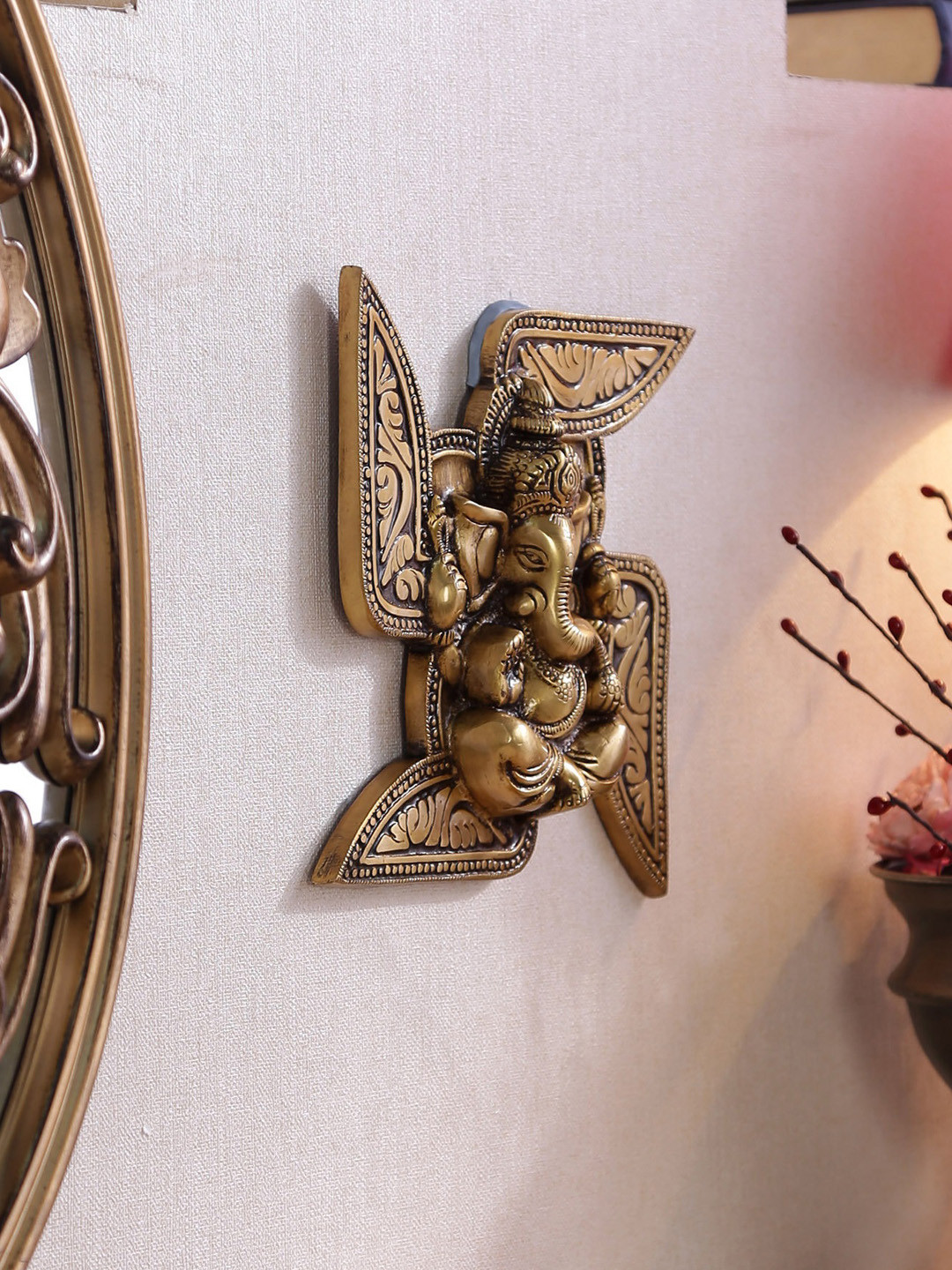 eCraftIndia Lord Ganesha Swastika Brass Ethnic Motifs Antique Spiritual Wall Decor-8In