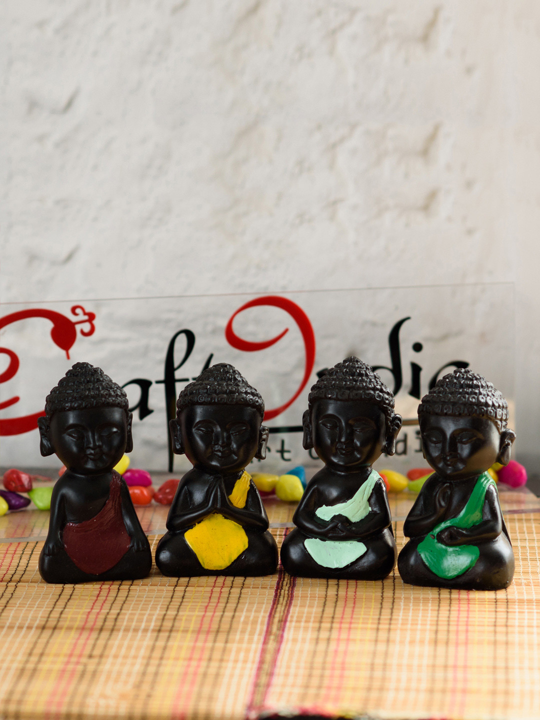 eCraftIndia Meditating Buddha Brown Polyresin Natural Living Room Hand-Crafted Set of 4 Small Showpieces - 4 Inches