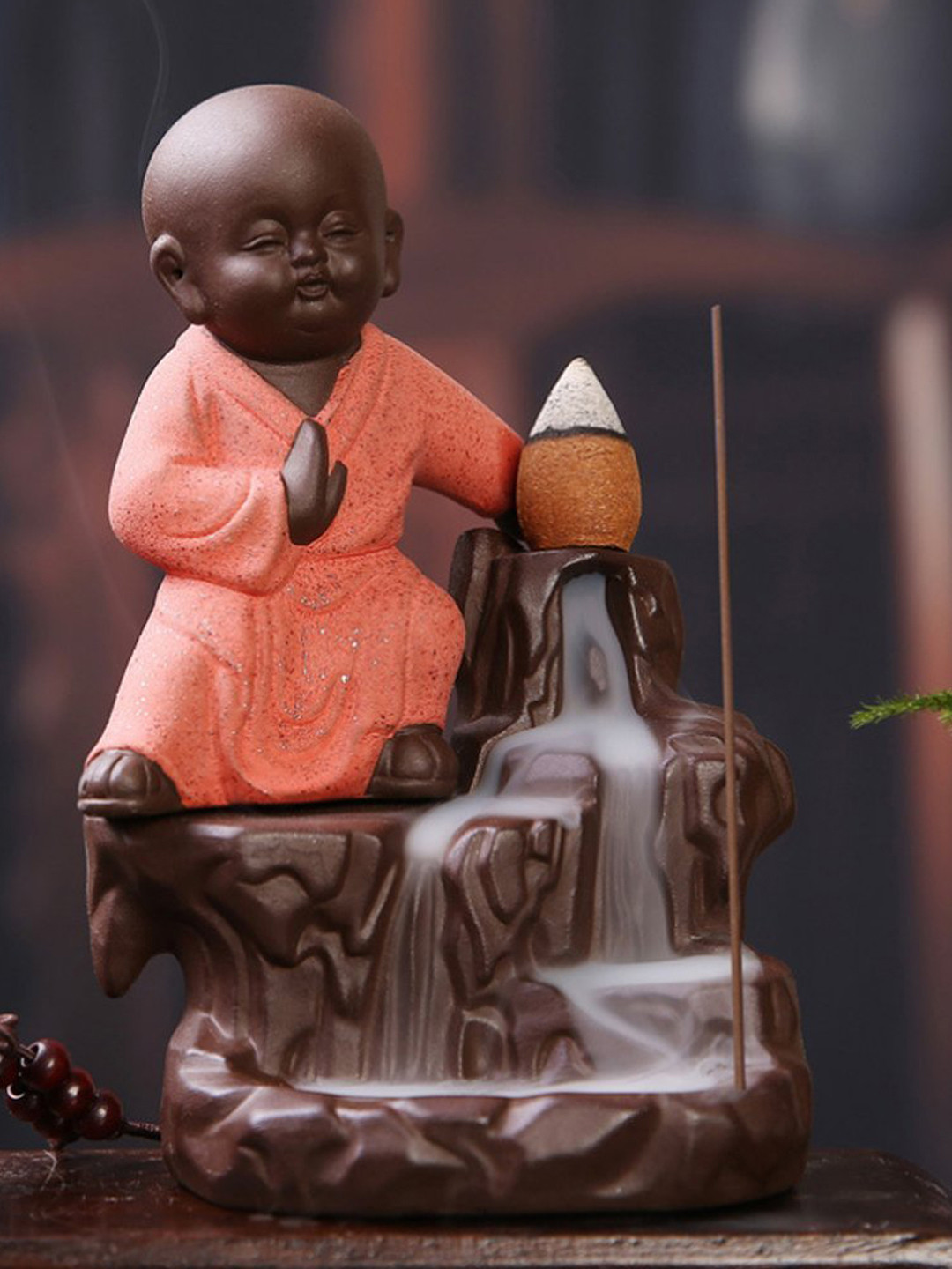 eCraftIndia Karate Style Monk Buddha Smoke Backflow Orange Ceramic Matte Living Room Fountain Small Showpiece - 5 Inches