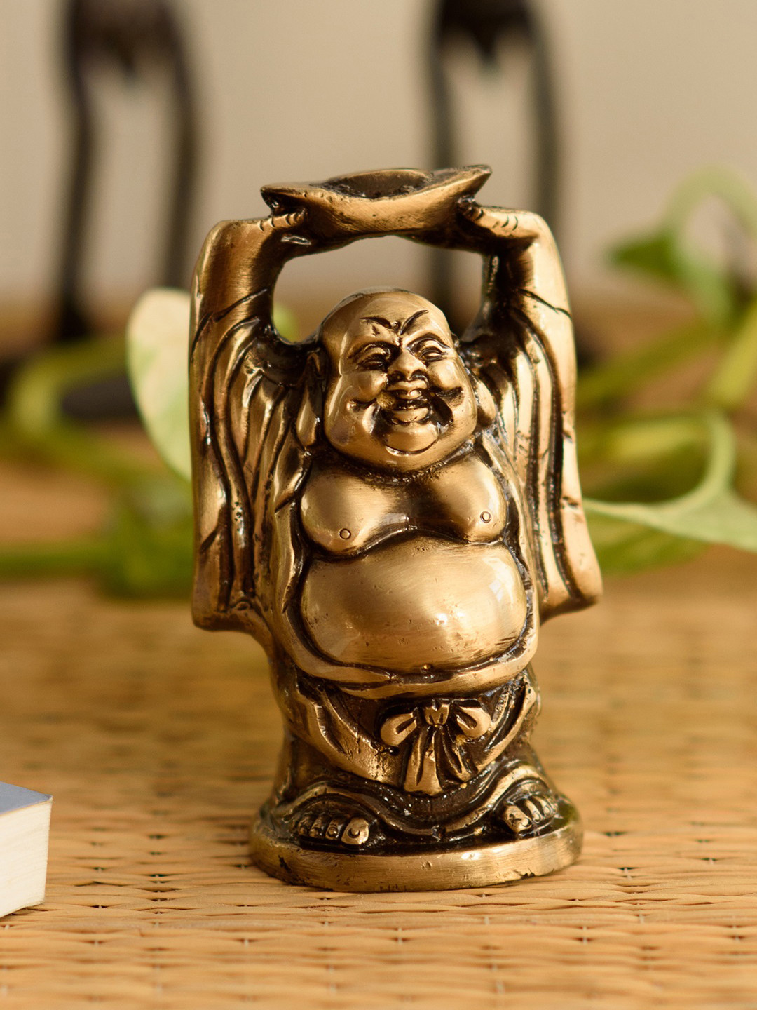 eCraftIndia Laughing Buddha Brown Brass Metallic Home Office Small Showpiece - 4 Inches