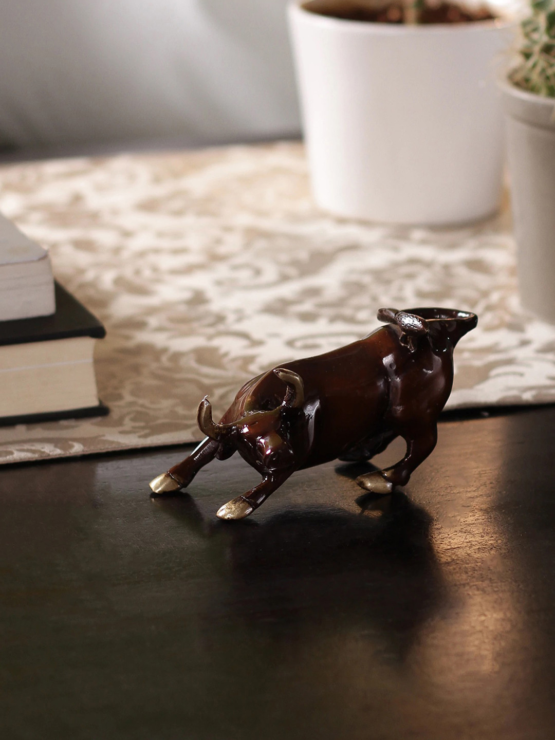 eCraftIndia Charging Bull Brown Brass Metallic Living Room Tiny Showpiece - 2 Inches