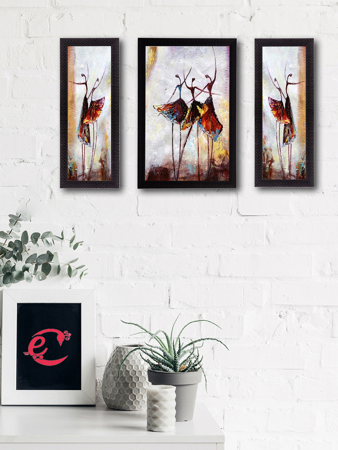 eCraftIndia Dancing Lady Paper 3 Pcs Wall Rectangle Paintings Wall Art