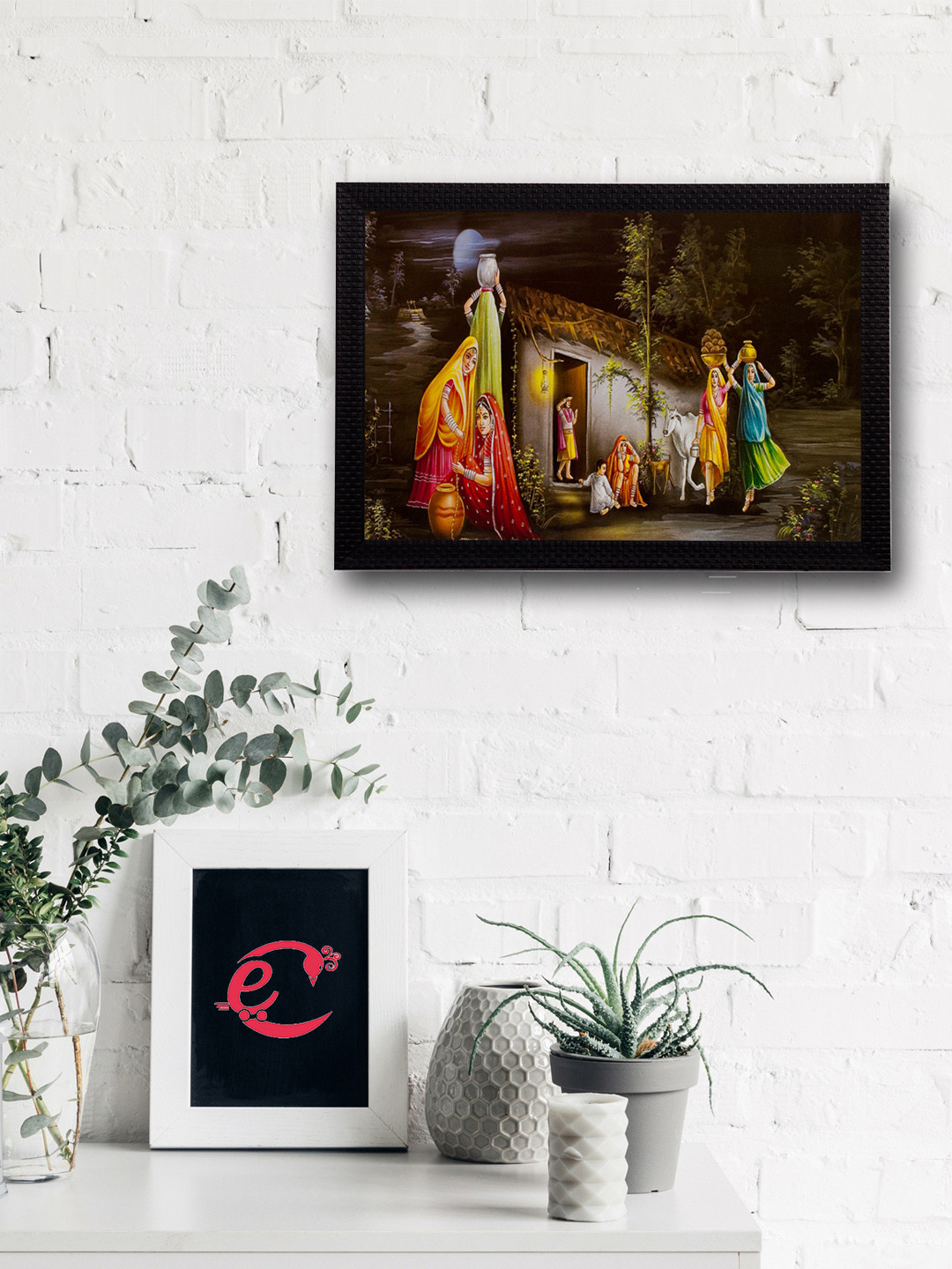 eCraftIndia Village Scenic Paper Wall Rectangle Paintings Wall Art -20x14In