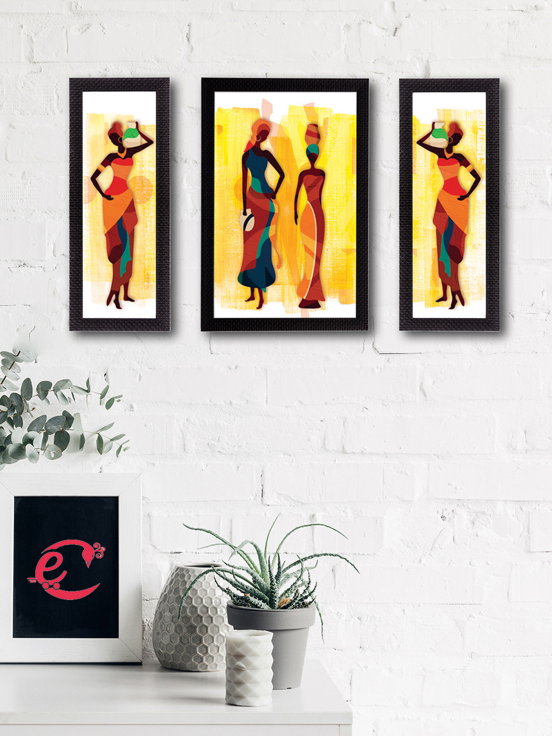 eCraftIndia Tribal Lady Paper 3 Pcs Wall Rectangle Paintings Wall Art