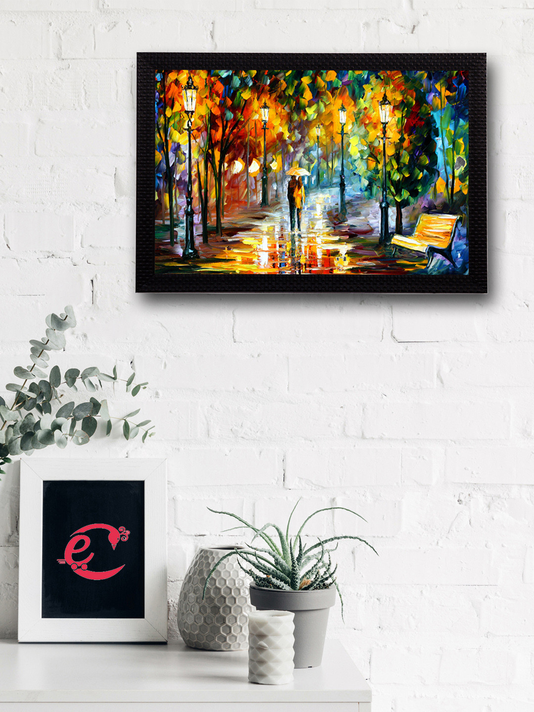 eCraftIndia Loving Couple Under Umbrella Paper Wall Rectangle Paintings Wall Art-10x 14 In