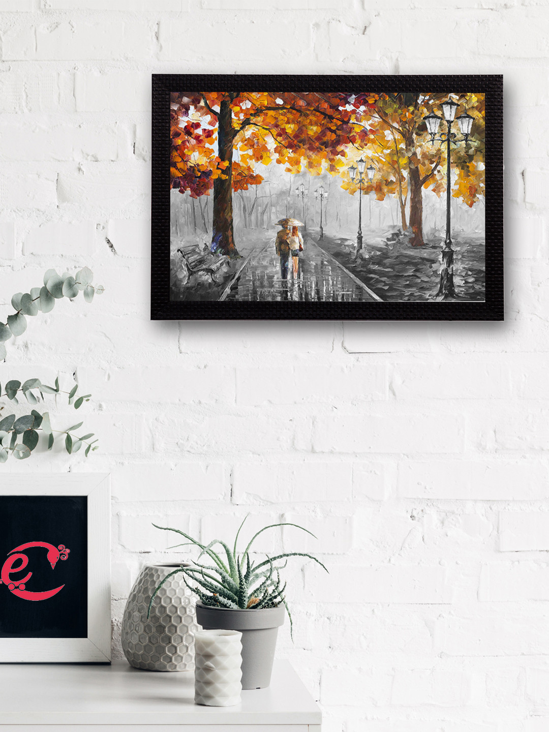 eCraftIndia Multicoloured Couple In Rain UV Wall Art