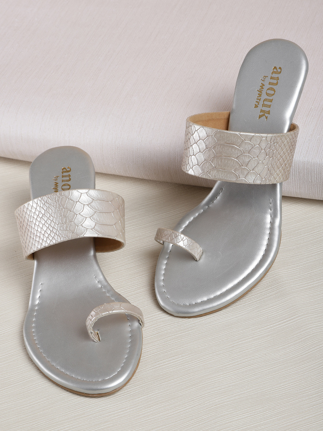 Anouk Women Silver-Toned Snakeskin-Textured Wedges