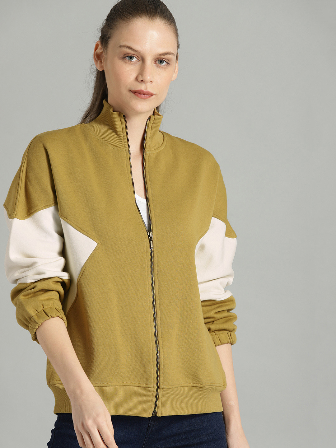 The Roadster Lifestyle Co Women Olive Green & Off-White Colourblocked Sweatshirt