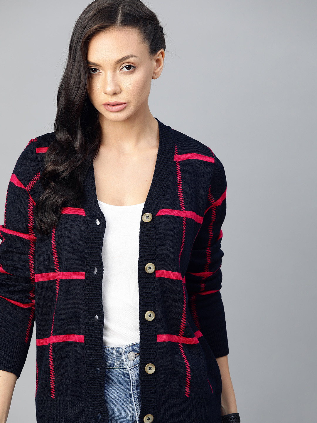 The Roadster Lifestyle Co Women Black & Red Checked Cardigan