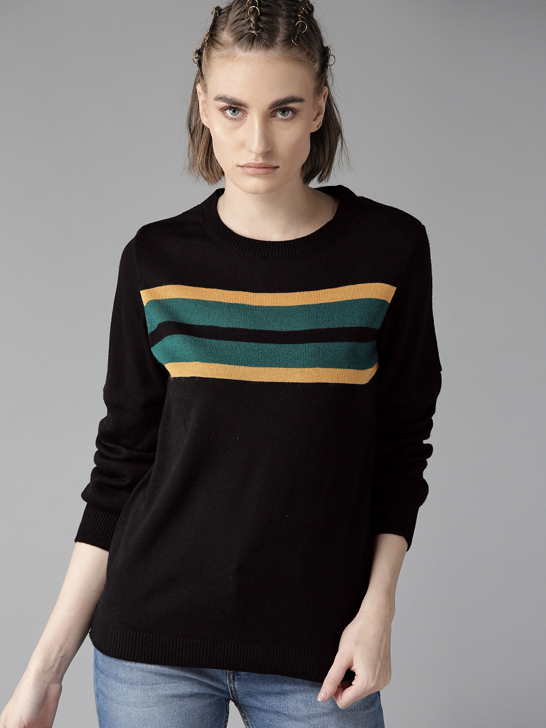 The Roadster Lifestyle Co Women Black & Yellow Striped Sweater