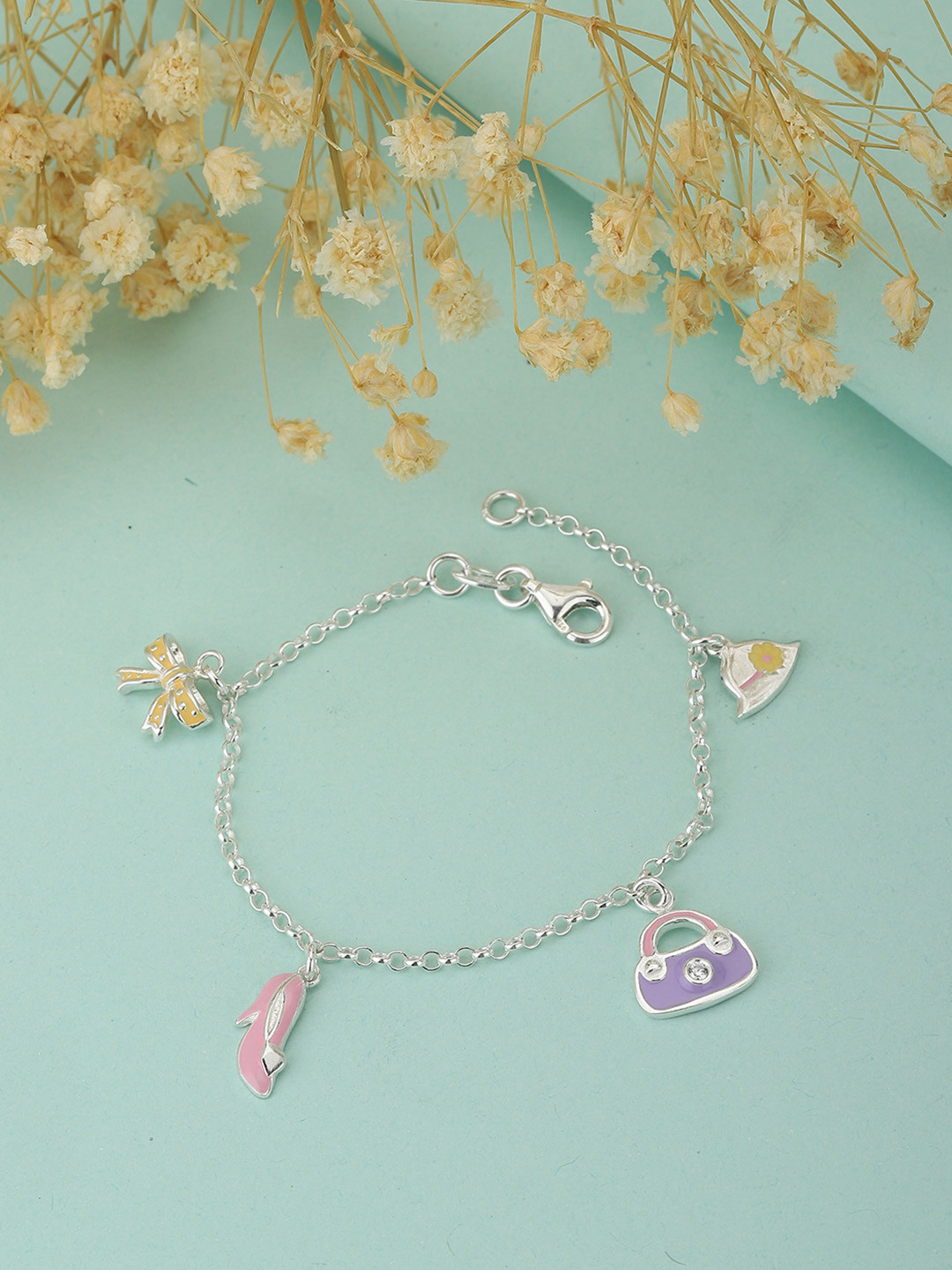 Carlton London Girls 925 Sterling Silver Enamelled Charm Bracelet with Silver Plating