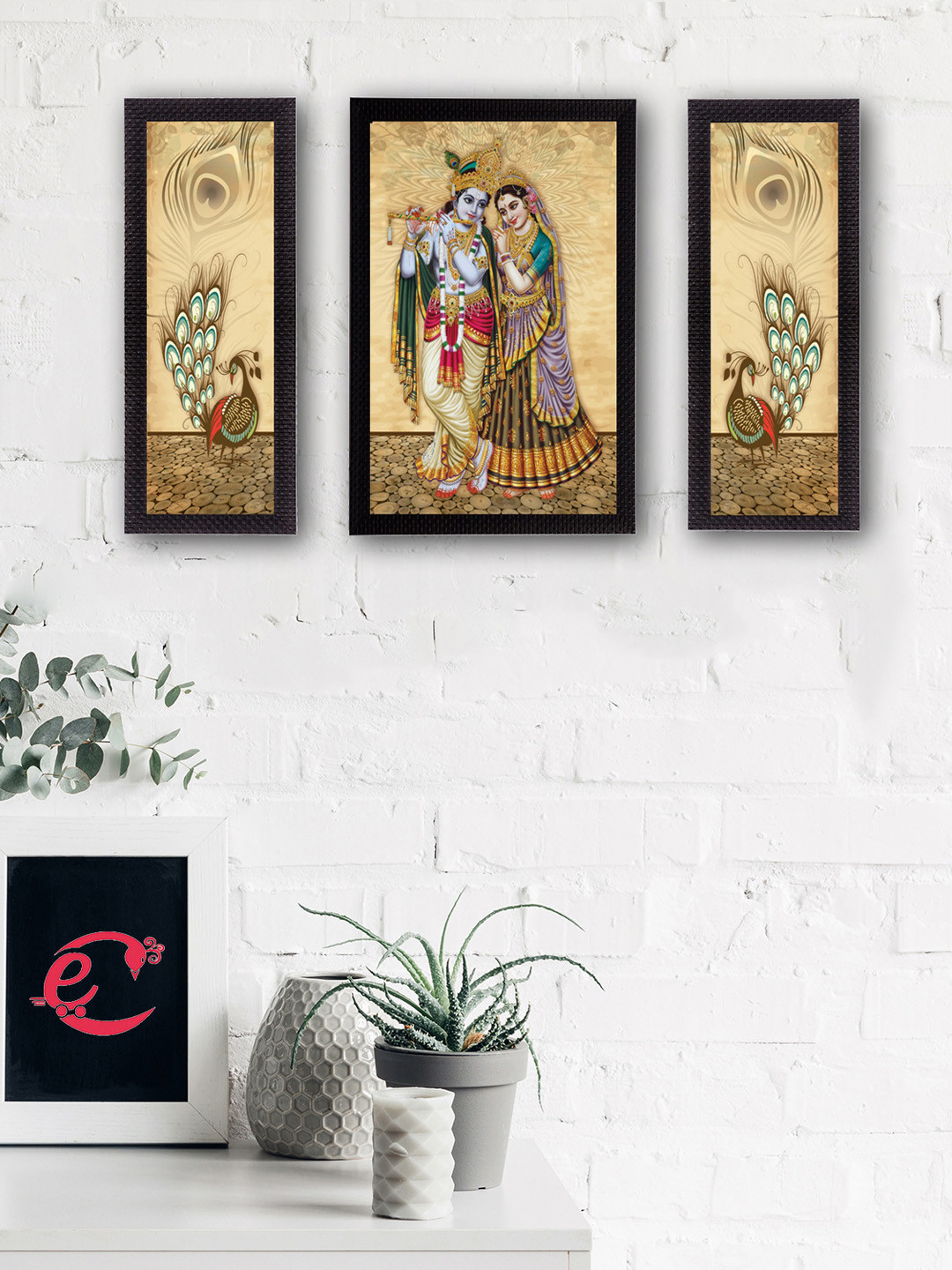 eCraftIndia Lord Krishna Paper 3 Pcs Living Room Rectangle Paintings Wall Art -24 x 14In