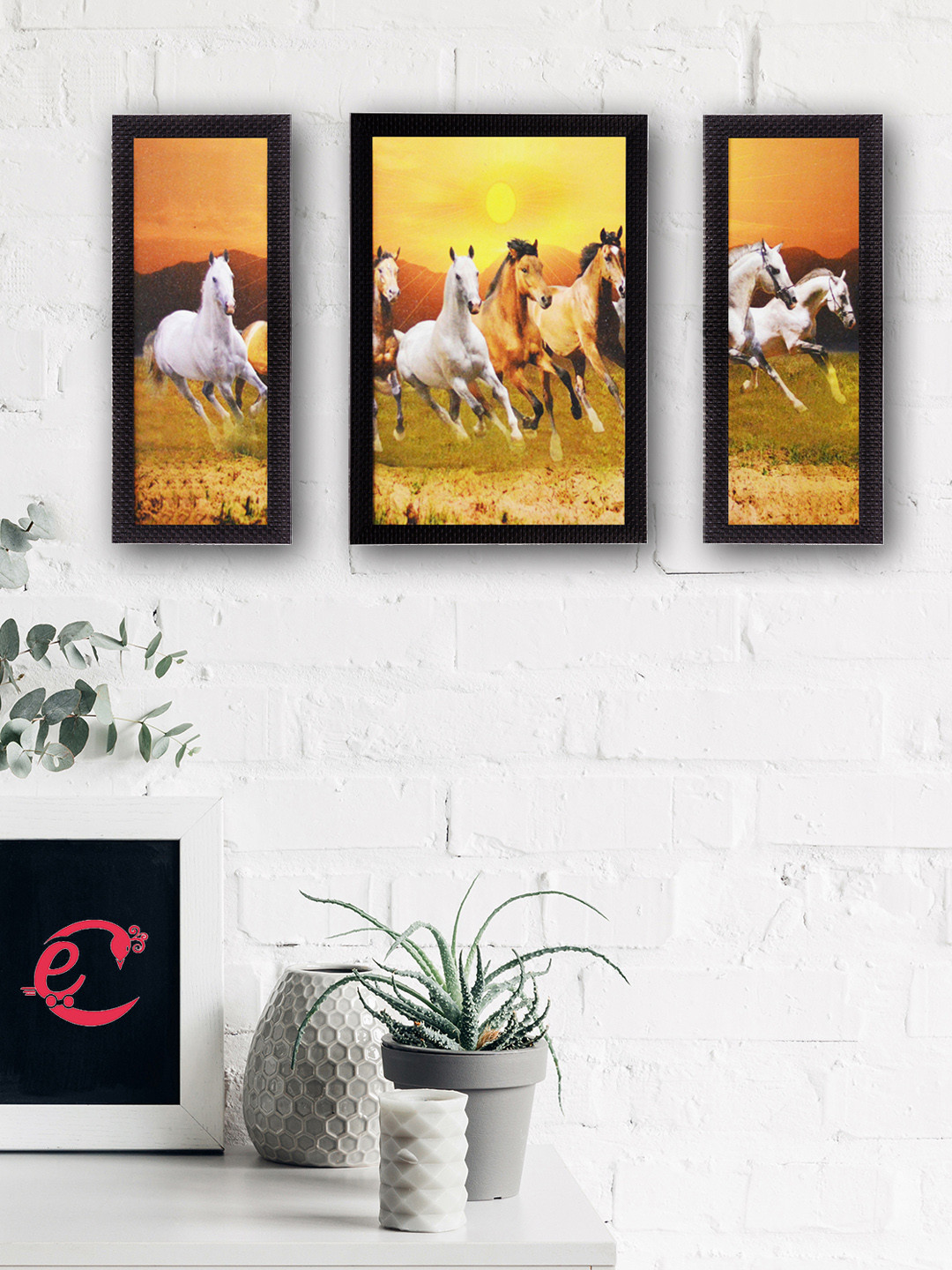 eCraftIndia Horse Paper 3 Pcs Wall Living Room Rectangle Paintings Wall Art -24 x 14In