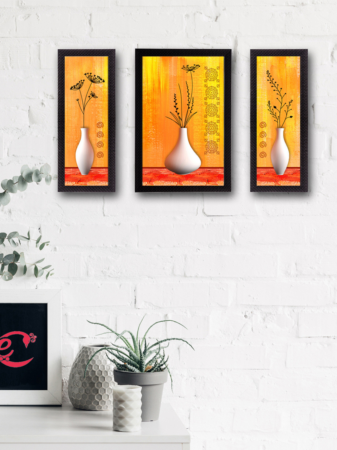 eCraftIndia Flowers Paper 3 Pcs Wall Living Room Rectangle Paintings Wall Art -24 x 14In