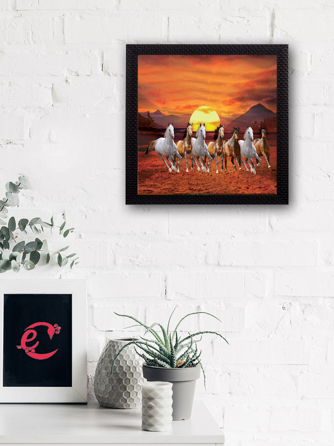 eCraftIndia 7 Running Lucky Horses Paper Wall Square Paintings Wall Art - 12 x 12 In