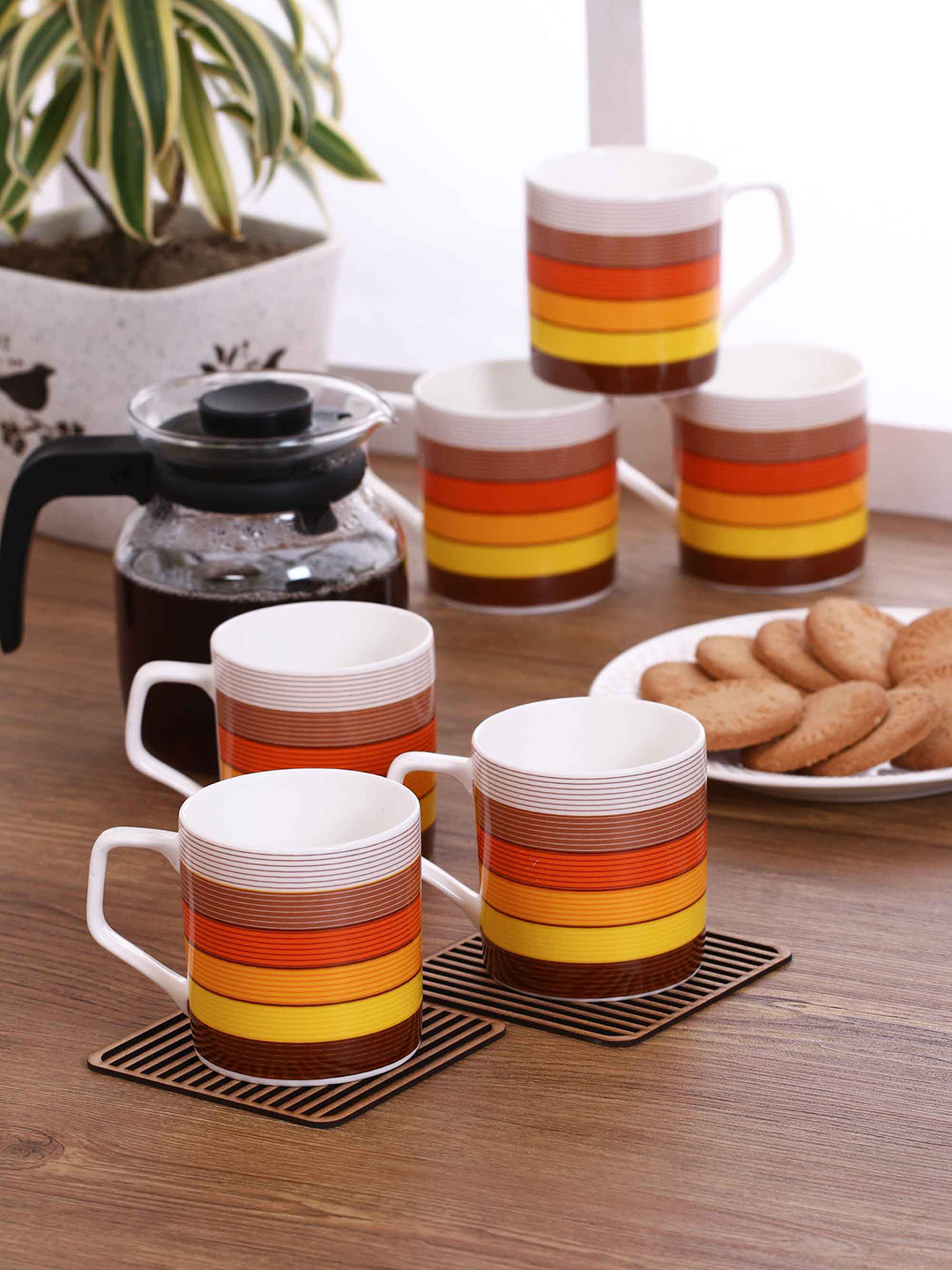 CLAY CRAFT Heart Multicoloured Striped Ceramic Handmade 6 Piece Mugs-300ml