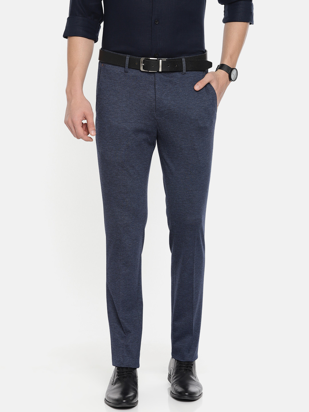 U.S. Polo Assn. Men Navy Super Slim Fit Self Design Formal Trousers