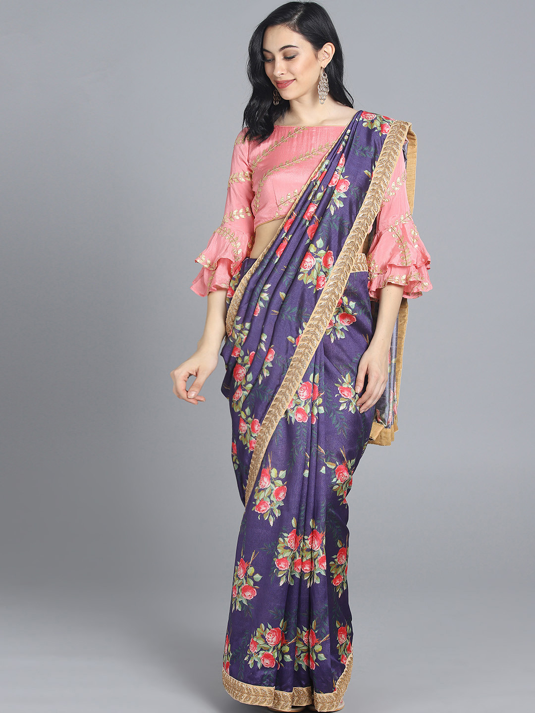 Ethnovog Blue  Pink Custom Made Digital Printed Saree with Stitched Blouse