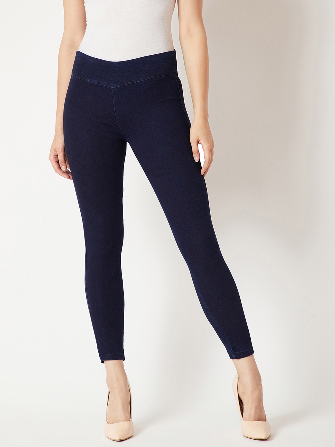Buy Wahe-NOOR Women's Navy Blue Solid Skinny Fit Jeggings Online