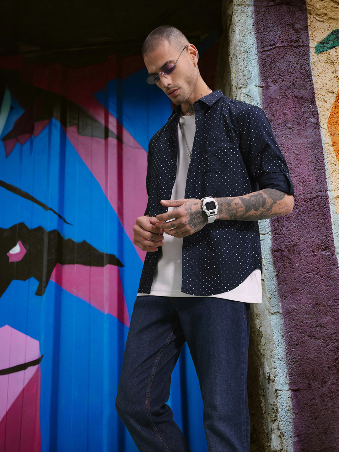 HERE&NOW Men Navy Blue & White Slim Fit Polka Dot Casual Shirt