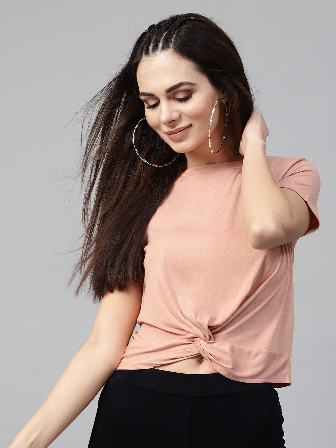 SASSAFRAS Women Peach-Coloured Knot Hem Cropped Top