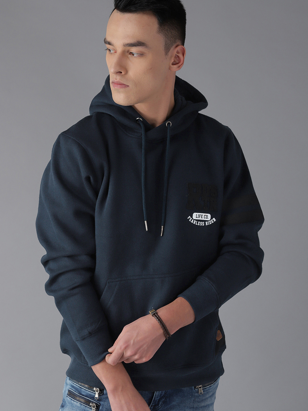 The Roadster Lifestyle Co Men Navy Blue Solid Hooded Sweatshirt