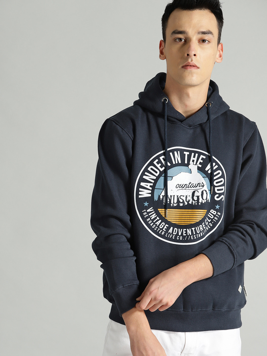 The Roadster Lifestyle Co Men Navy Blue Printed Hooded Sweatshirt
