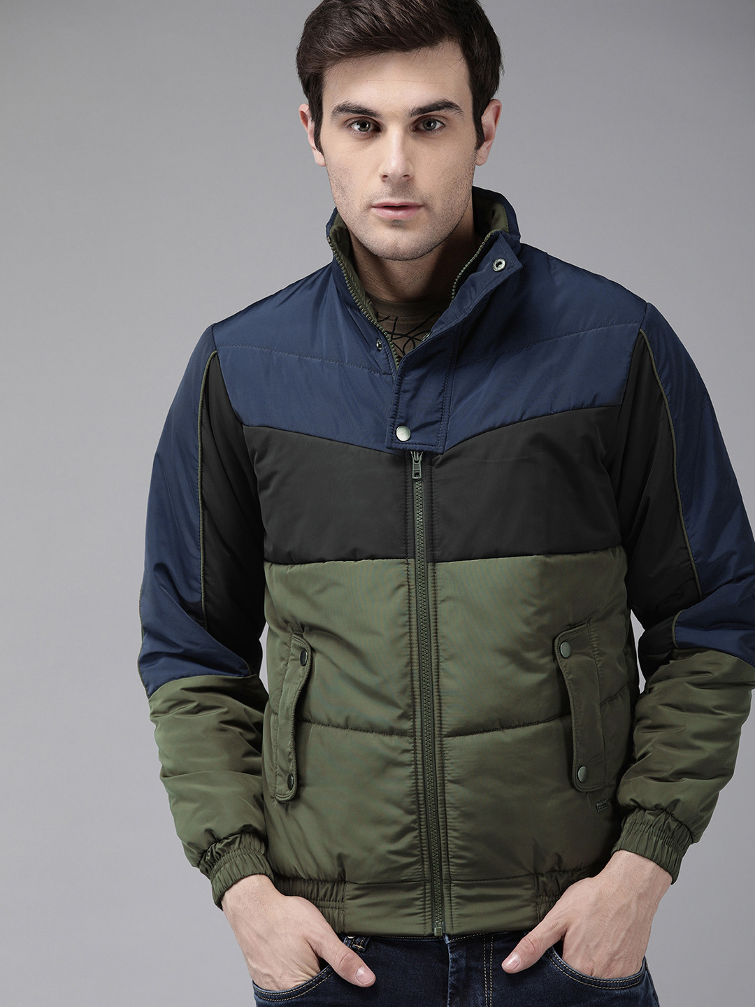 The Roadster Lifestyle Co Men Olive Green & Black Colourblocked Bomber Jacket