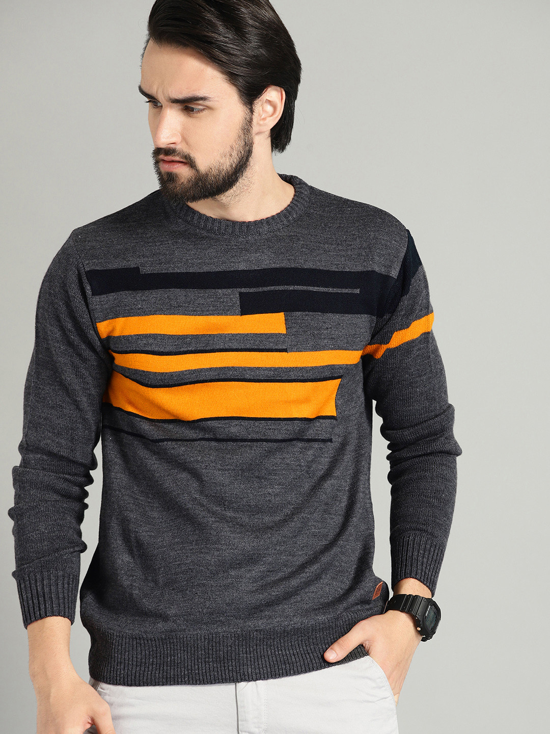 The Roadster Lifestyle Co Men Charcoal Grey & Mustard Yellow Striped Sweater