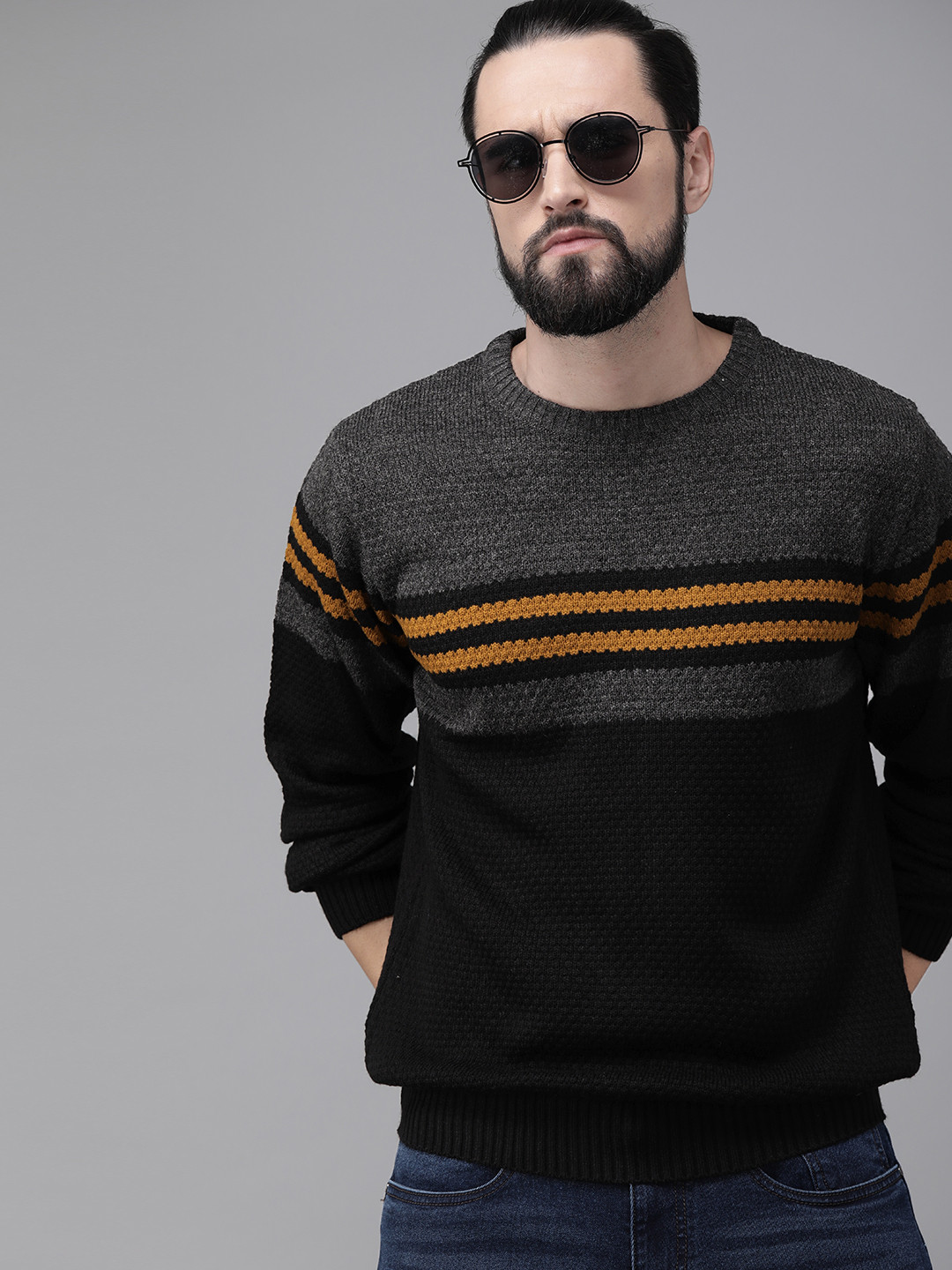 The Roadster Lifestyle Co Men Charcoal Grey & Black Colourblocked Pullover Sweater