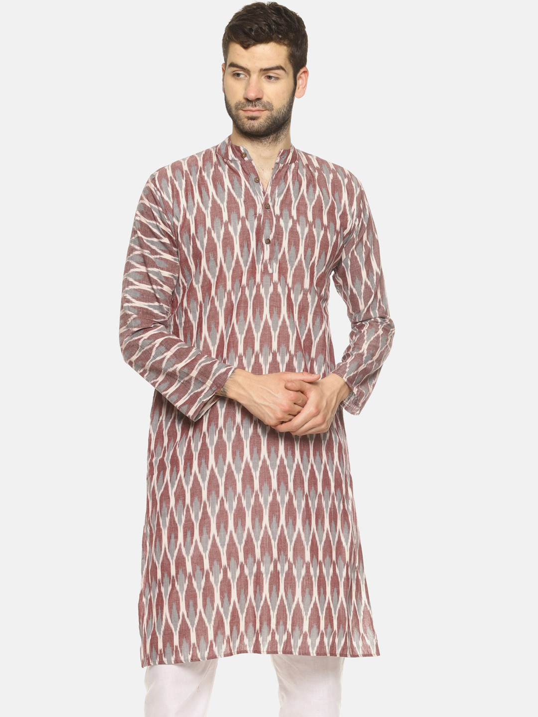 PAROKSH Men Brown & Grey Ikat Woven Design Straight Kurta