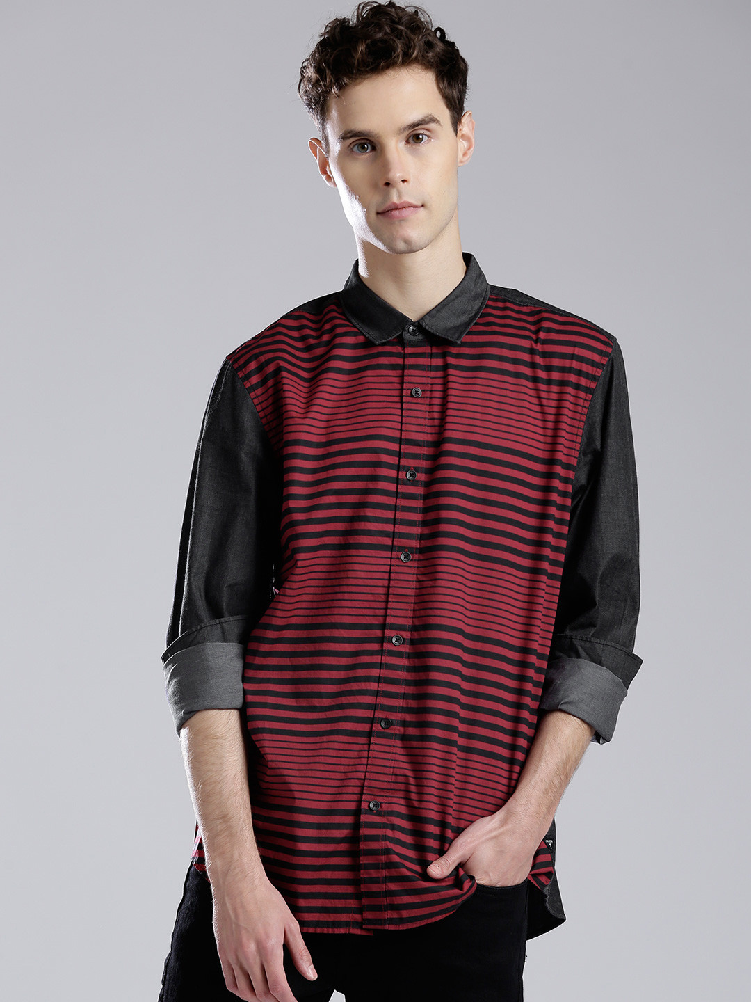 Clothing Guess Striped Shirt Red GUESS Men Red Charcoal Grey