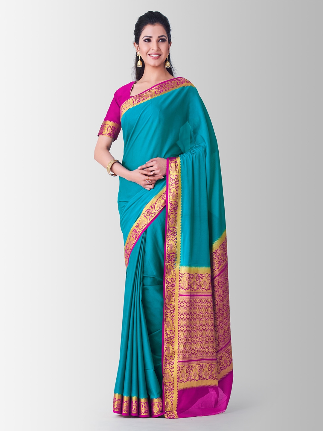 Buy MIMOSA Turquoise Blue & Pink Poly Crepe Solid Mysore Silk ...