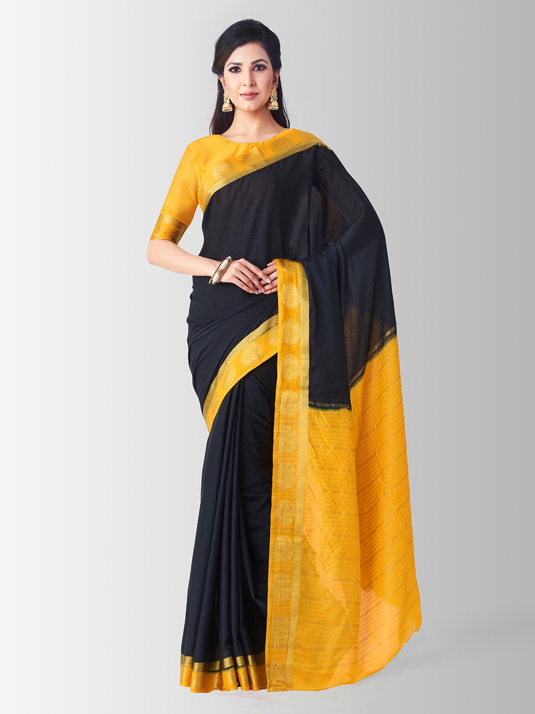 Contrast Zari Border Plain Black Mysore Silk Saree – Sundari Silks