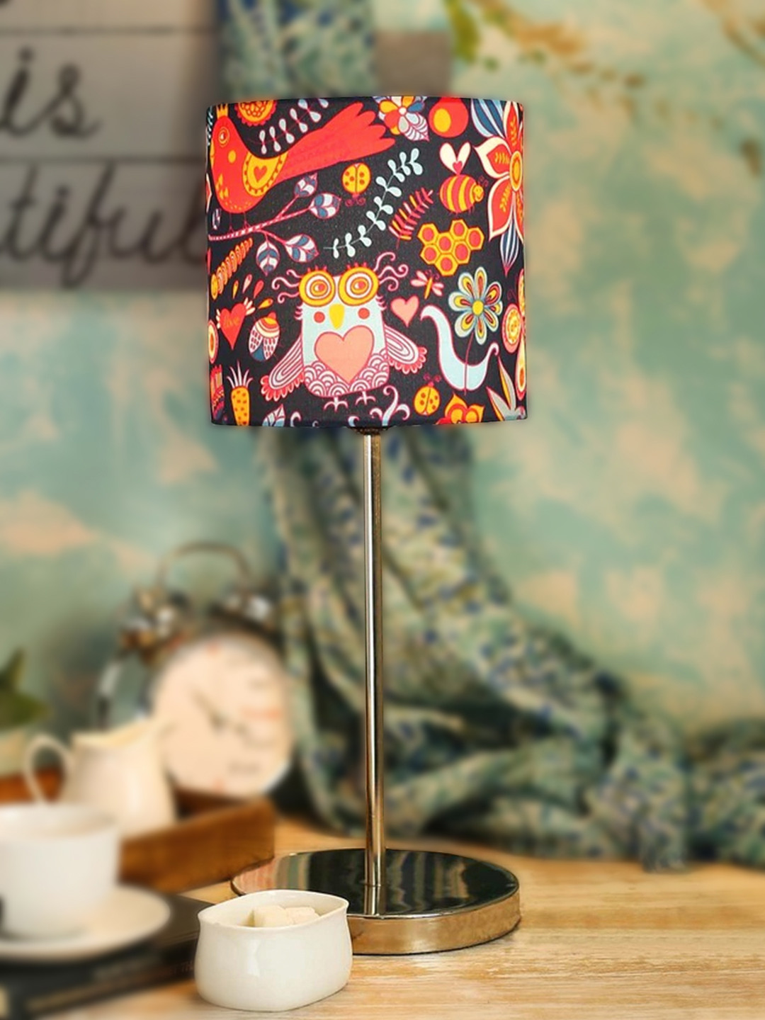 green girgit Steel-Coloured & Red Printed Buffet Lamp with Shade