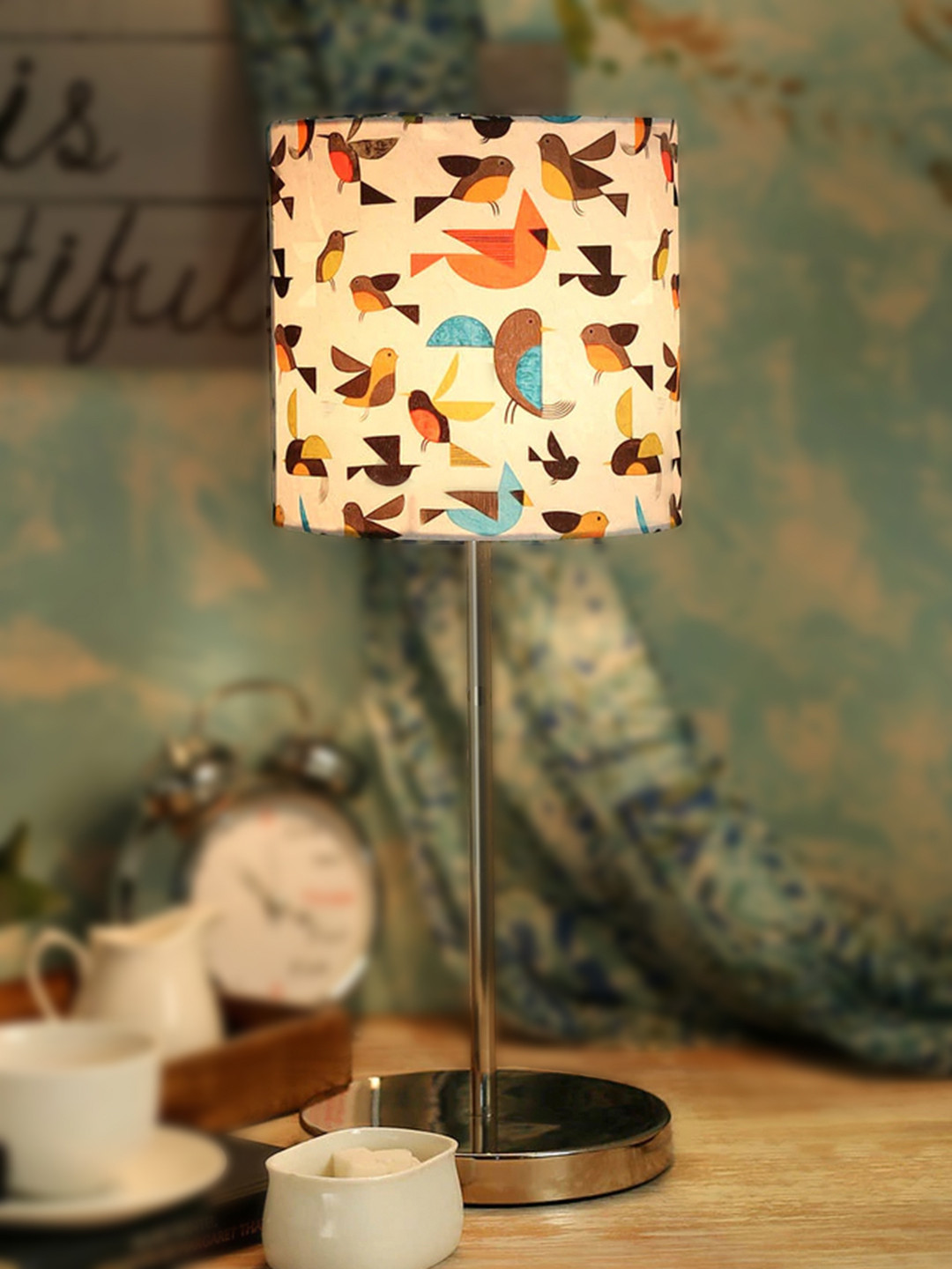 green girgit Steel-Coloured & Beige Flying Bird Printed Lamp with Shade